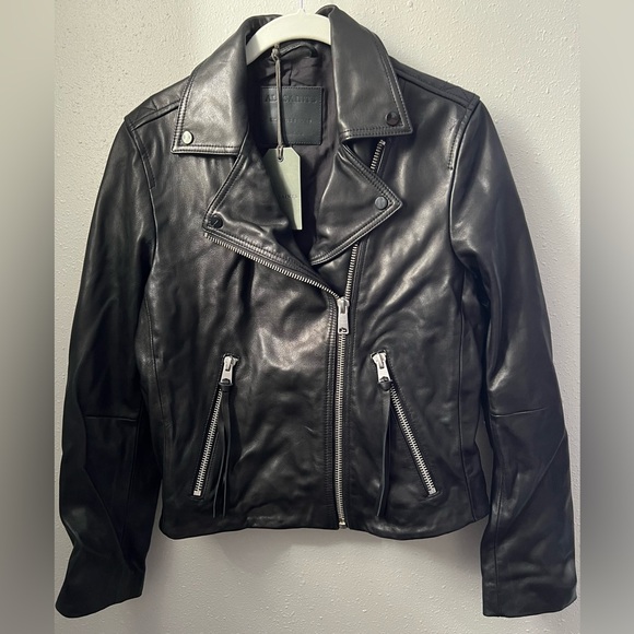 New AllSaints Dalby Leather Biker Jacket in Black/Silver Women’s Size 8 - Picture 2 of 8
